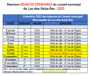 Municipal Council Meetings Lac-Des-Seize-Iles 2023